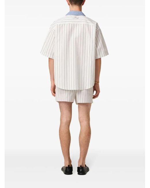 AMI Blue Vertical Stripe Short Sleeve Shirt With Logo Patch for men