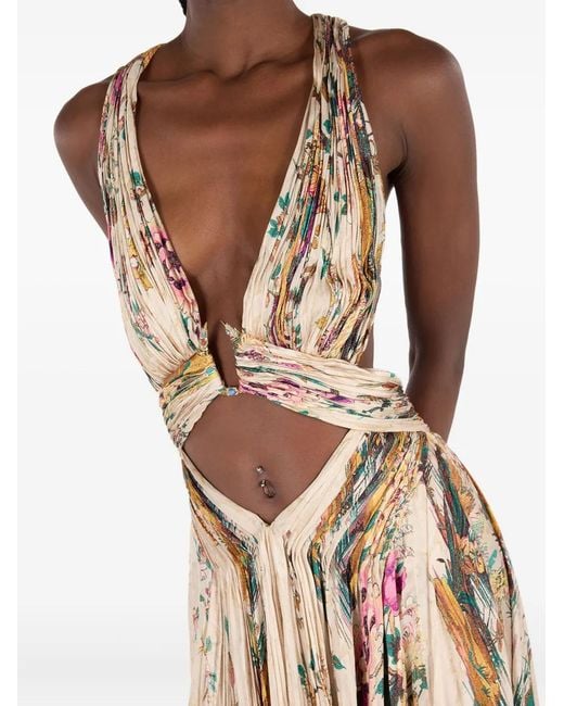 Roberto Cavalli Natural Pleated Floral-Print Dress