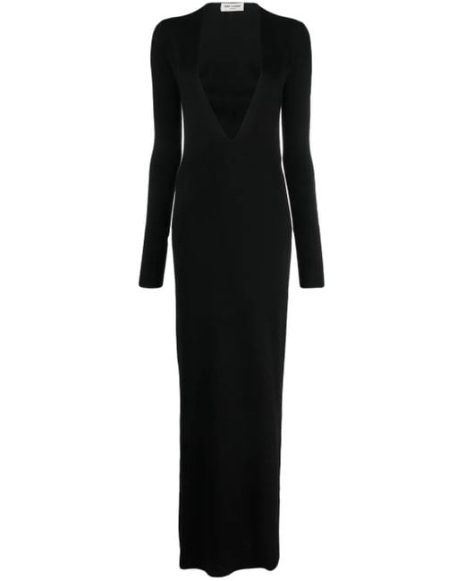 Saint Laurent Black Plunge-Neck Wool Maxi Dress