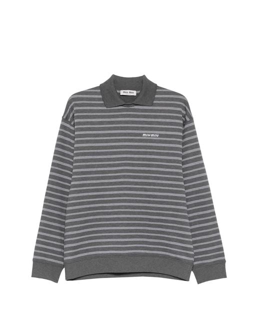 Miu Miu Gray Horizontal-Stripe Polo-Collar Sweater