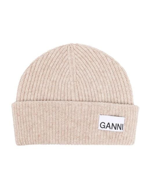 Ganni Natural Sand Fitted Wool Rib Knit Beanie
