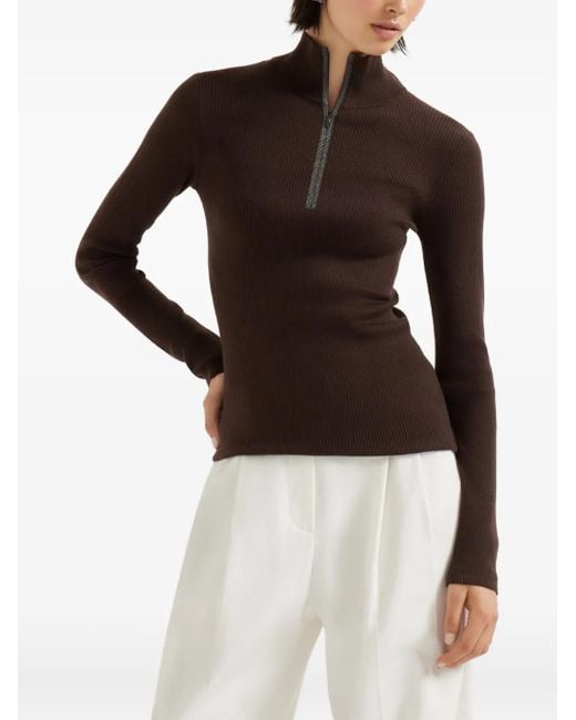 Brunello Cucinelli Black Ribbed Zip-Neck Sweater