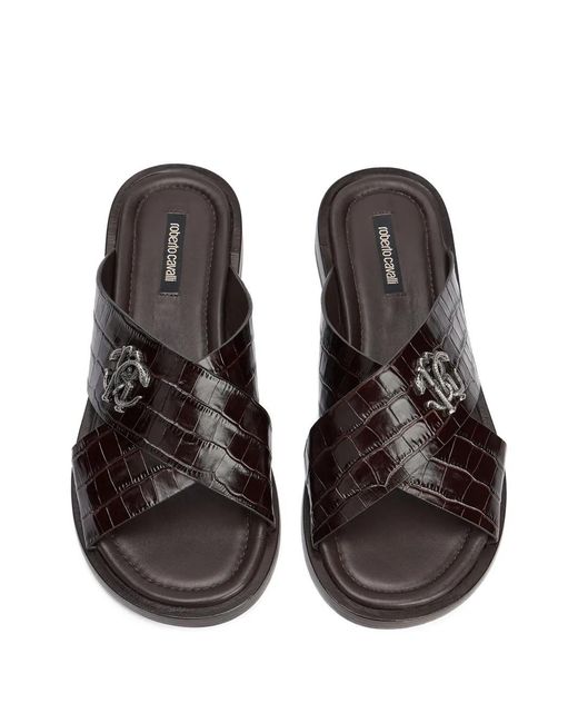 Roberto Cavalli Brown Crocodile-Effect Logo Sandals for men