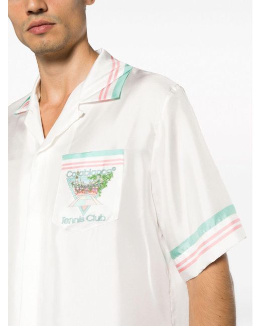 Casablancabrand White Striped-edge Cuban-collar Shirt for men