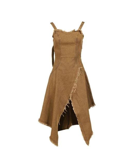 VIVAMUS Natural Frayed-Edge Open-Back Denim Midi Dress