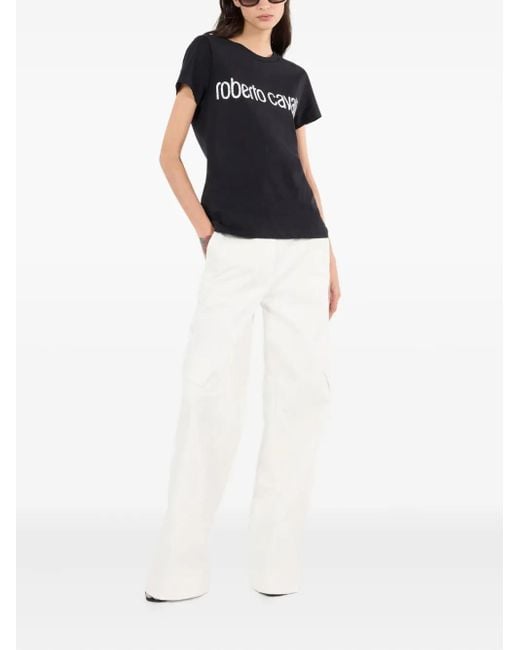 Roberto Cavalli White Python-Print Cargo Trousers