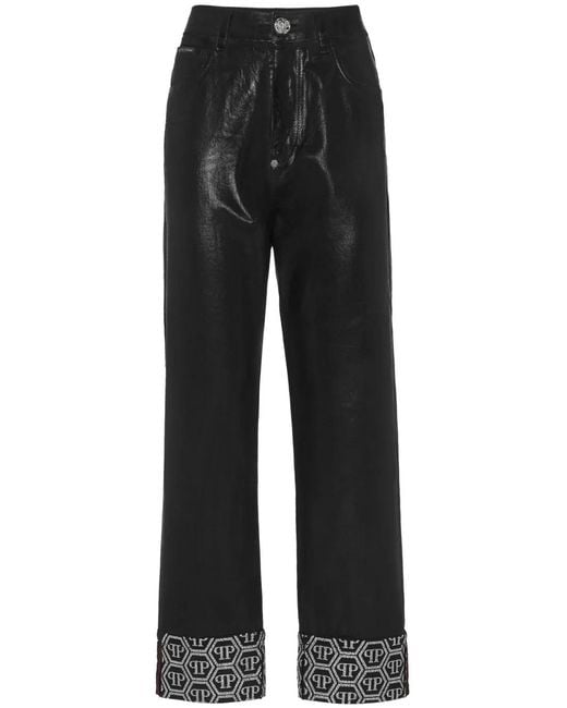 Philipp Plein Black Monogram-Pattern Trousers