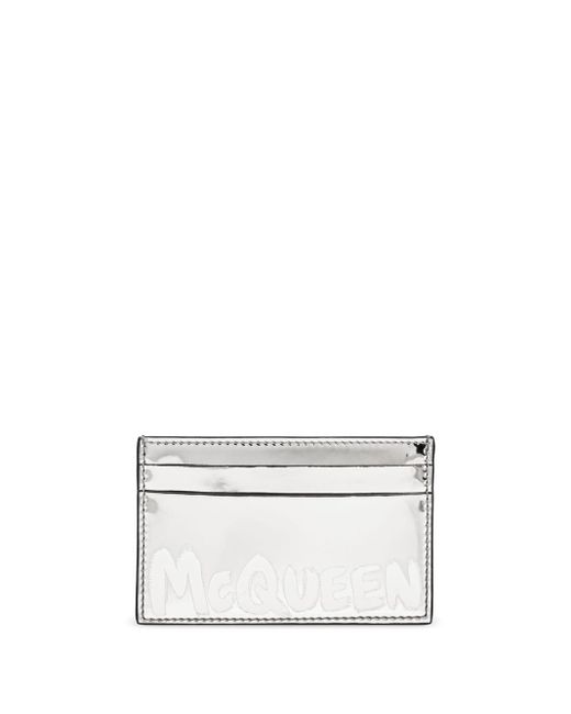 Alexander McQueen White Logo-print Silver-tone Card Holder for men