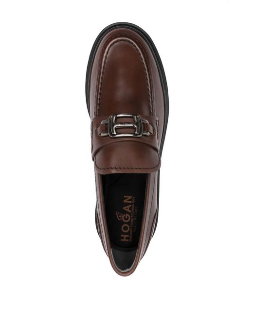 Hogan Brown H619 Logo-Plaque Leather Loafers for men