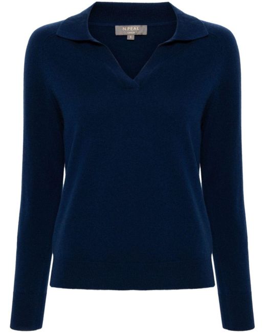 N.Peal Cashmere Blue Long-sleeve Cashmere Polo Shirt