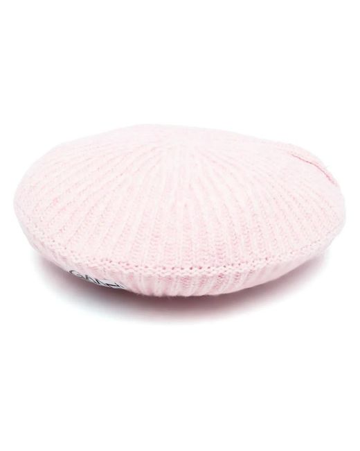 Ganni Pink Ribbed Logo-Patch Beret