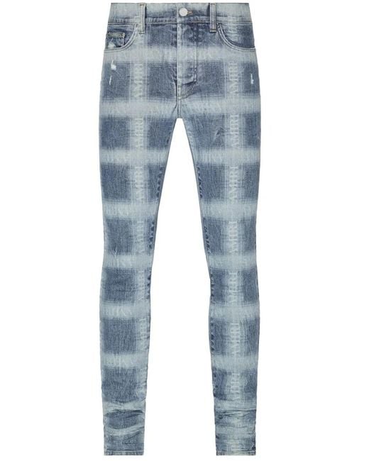 Amiri Blue Logo Plaid-Print Skinny Jeans for men
