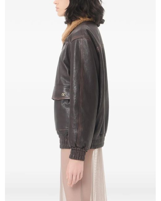 Valentino Garavani Black Shearling-Collar Leather Bomber Jacket