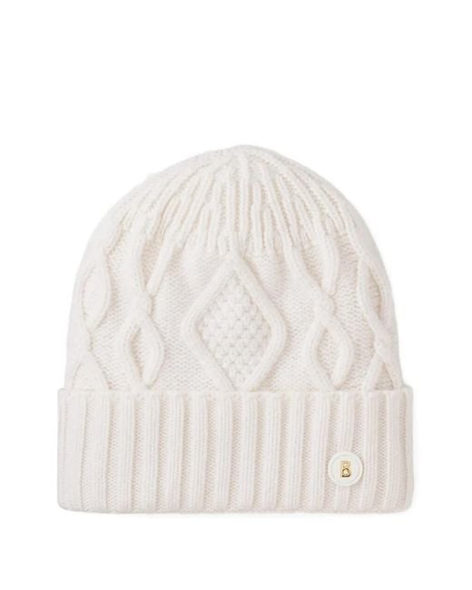 Bogner White Jamila Cable-Knit Logo-Patch Beanie Hat