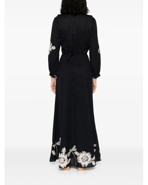 Forte_forte Black Wrap-Style Maxi Dress With Floral Embroidery