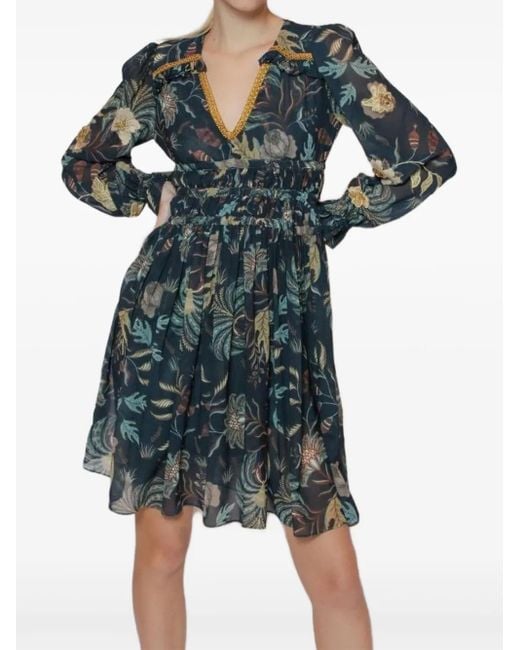 Lethicia Bronstein Blue Gesmoktes Agar Kleid Mit Blumen-Print