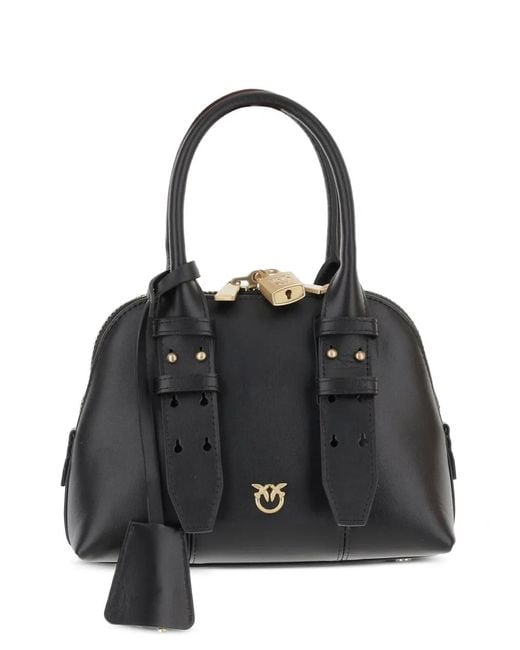 Pinko Black Mini Escape Love Birds Padlock Leather Tote Bag