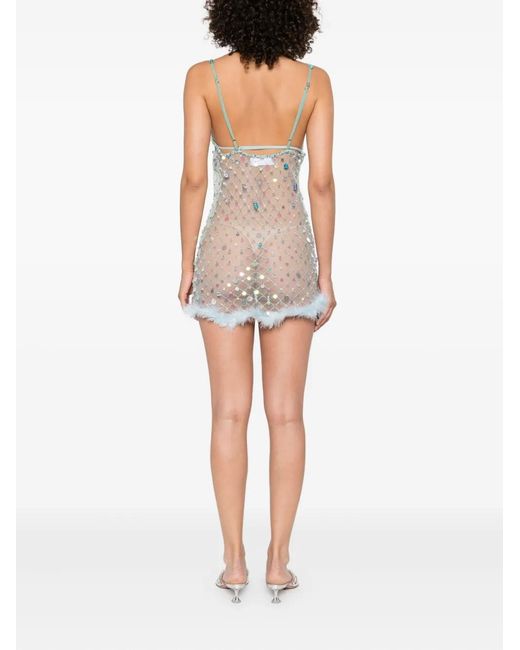 Roberta Einer Blue Feather-Trim Mesh Mini Dress