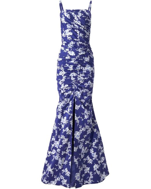 Carolina Herrera Blue Gerafftes Abendkleid Mit Blumen-Print
