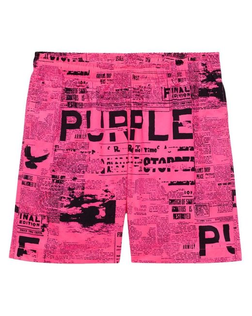 Purple Brand Pink Newspaper-print Swim Shorts for men