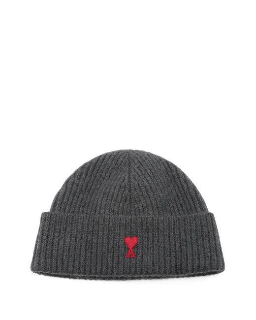 AMI Gray Ami De Coeur Ribbed-Knit Beanie Hat for men