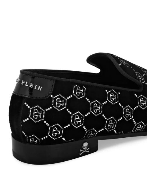 Philipp Plein Black Velvet Loafers Strass Monogram for men