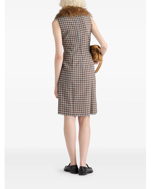 Prada Brown Checked-Pattern Midi Dress