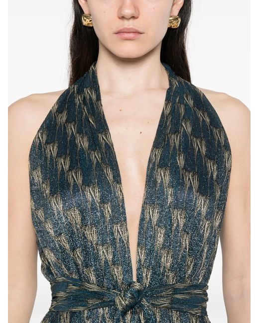Siyu Blue Printed V-Neck Maxi Dress