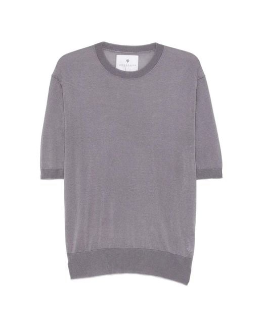 Seven Gauge Gray Short-Sleeve Ribbed-Trim Sweater