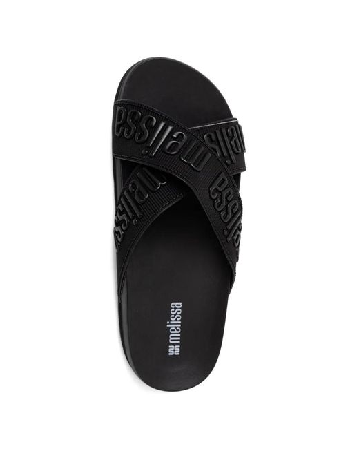 Melissa Black Logo-Print Crossover-Strap Slides