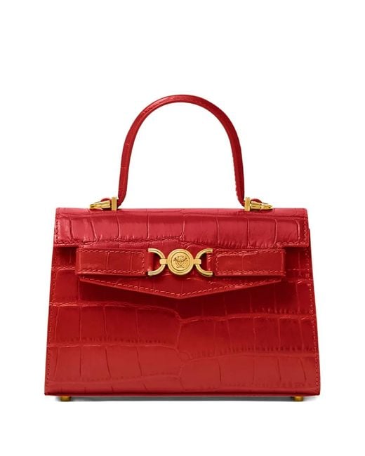 Versace Red Small Crocodile-Embossed Top-Handle Bag
