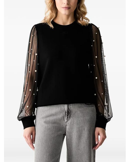 Karl Lagerfeld Black Faux-Pearl Sheer-Sleeve Top