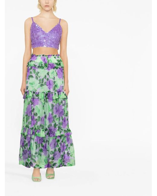 P.A.R.O.S.H. Purple V-Neck Sequin Embellished Crop Top