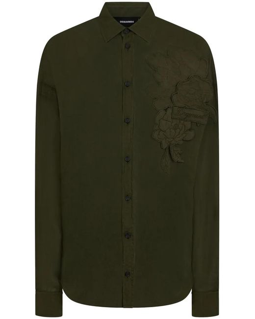 DSquared² Green Logo-Patch Floral-Appliqué Cotton Shirt