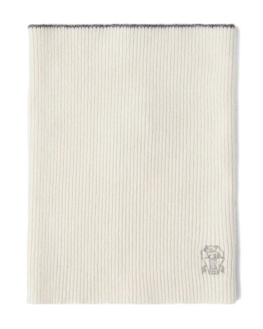 Brunello Cucinelli Natural Ribbed-Knit Logo-Embroidered Scarf for men
