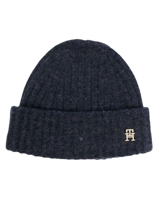 Tommy Hilfiger Blue Logo-plaque Ribbed Knit Beanie