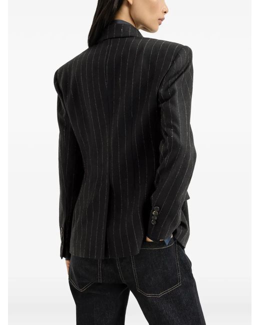 Brunello Cucinelli Black Comfort Virgin Wool Dazzling Chalk Stripe Blazer With Monili