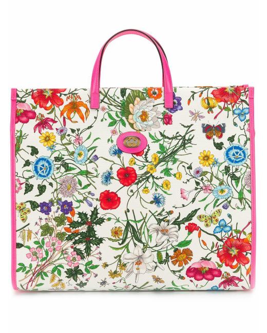 Gucci White Floral Print Tote Bag