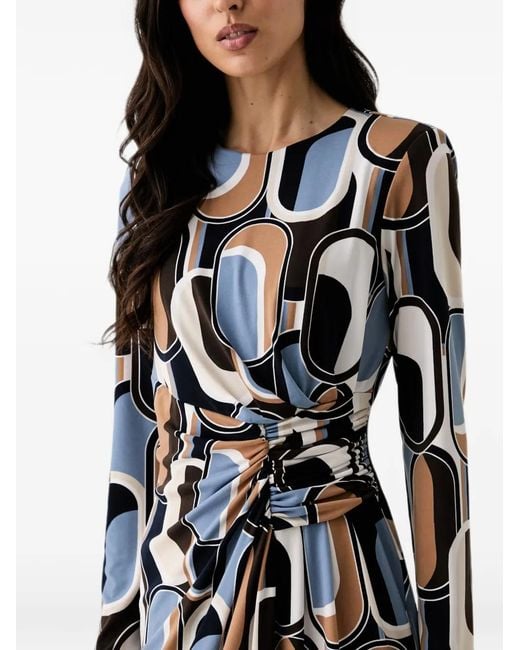Joseph Ribkoff White Geometric-Print Ruched Midi Dress