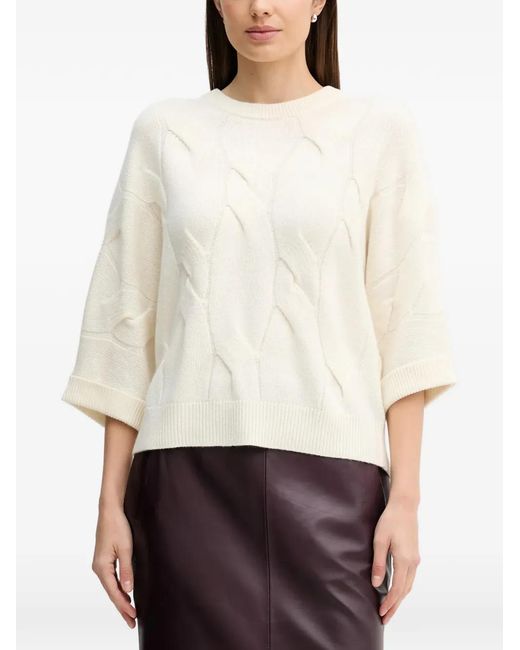 Benetton White Cable-Knit Crew-Neck Sweater