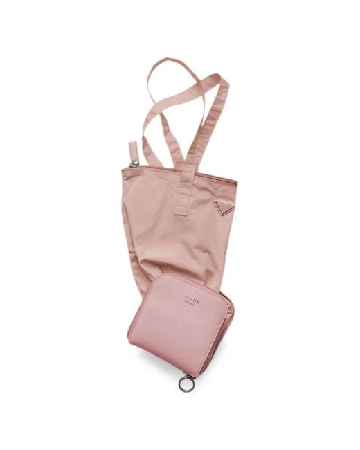 Prada Pink Saffiano Leather Pendant With Re-Nylon Tote Bag
