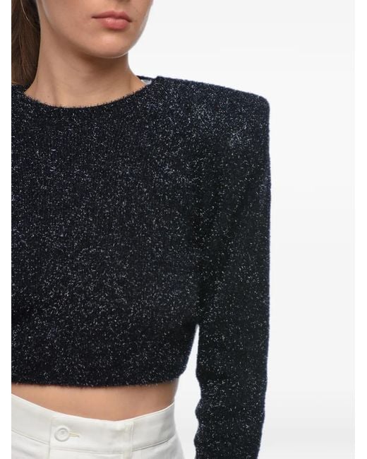ROTATE BIRGER CHRISTENSEN Blue Padded-Shoulder Lurex Cropped Sweater