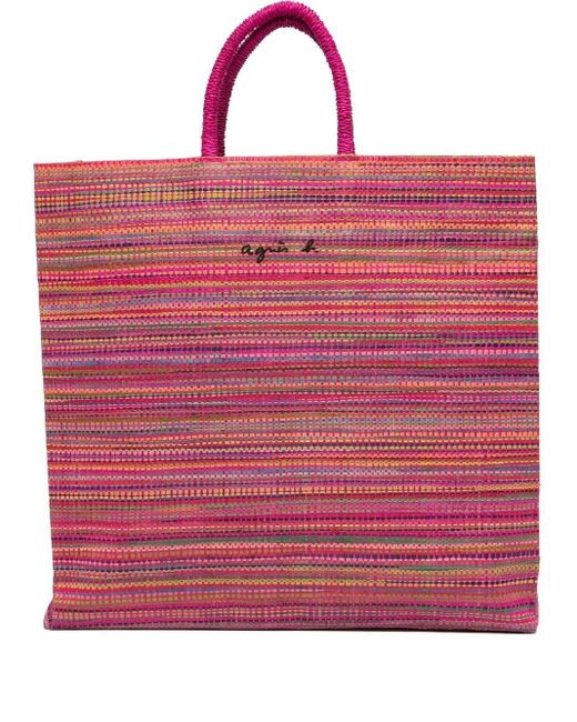 agnès b. Striped Logo-embroidered Tote Bag in Pink | Lyst