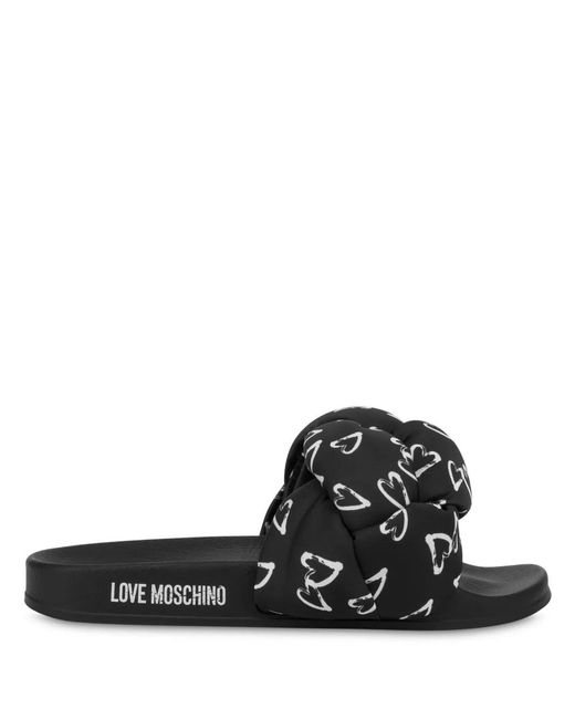 Love Moschino Black Heart-Print Slides