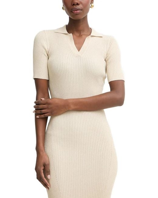 Fracomina Natural Ribbed-Knit Polo-Collar Midi Dress