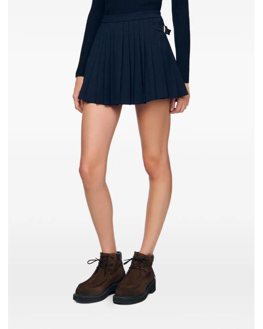 Sandro Blue Buckle Accent Pleated Skort