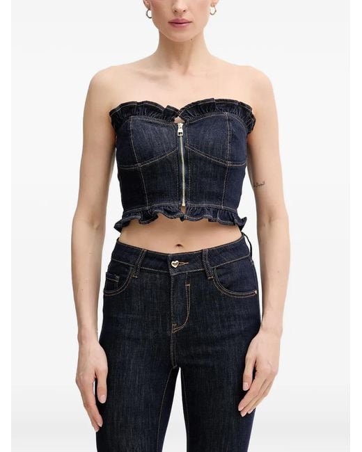 GAUDI Blue Ruffled-Trim Zip-Up Corset Top