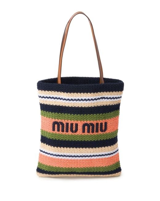 Miu Miu White Striped Crochet Tote Bag