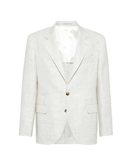 Brunello Cucinelli White Check-Pattern Notched-Lapel Blazer for men
