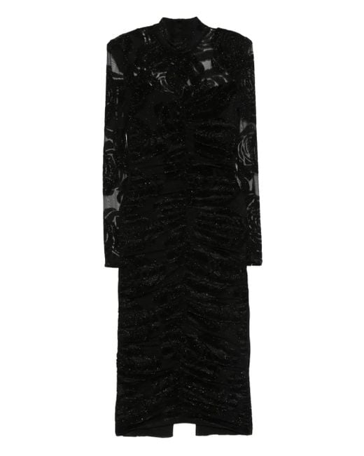 Nissa Black Gerafftes Midikleid mit Rosen-Print